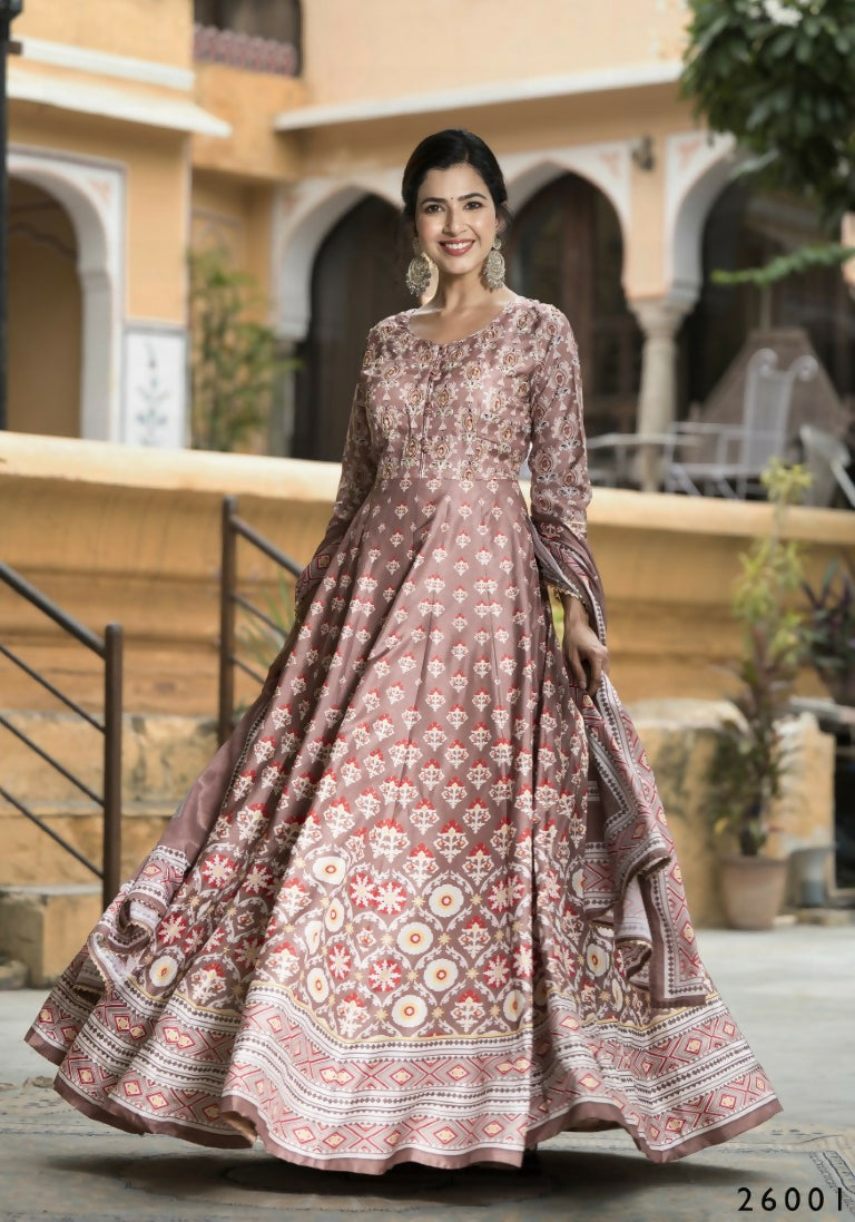 Wedding Designer PaleMauve Soft Dola Silk Anarkali suit with Dupatta - Samanta | Grocsy