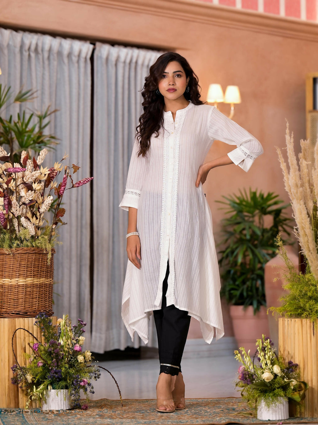 Juniper Women's Off White Thread Embroidered Cotton Asymmetrical Kurta With Button Closure | Grocsy