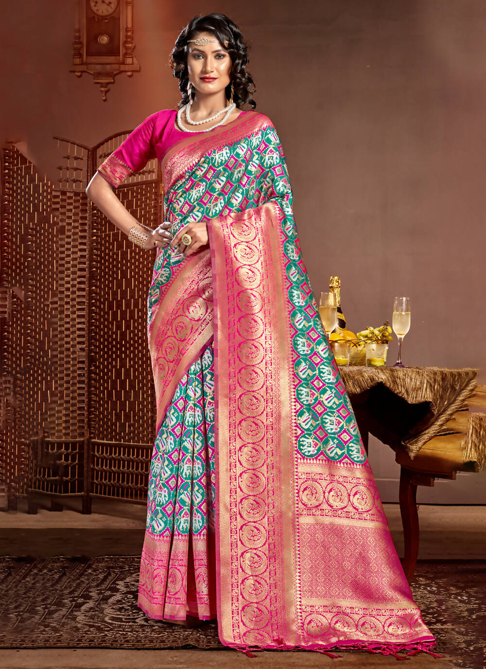 Sea Green Patola Silk Zari Woven Design Saree with Unstitched Blouse Piece - Aachal | Grocsy