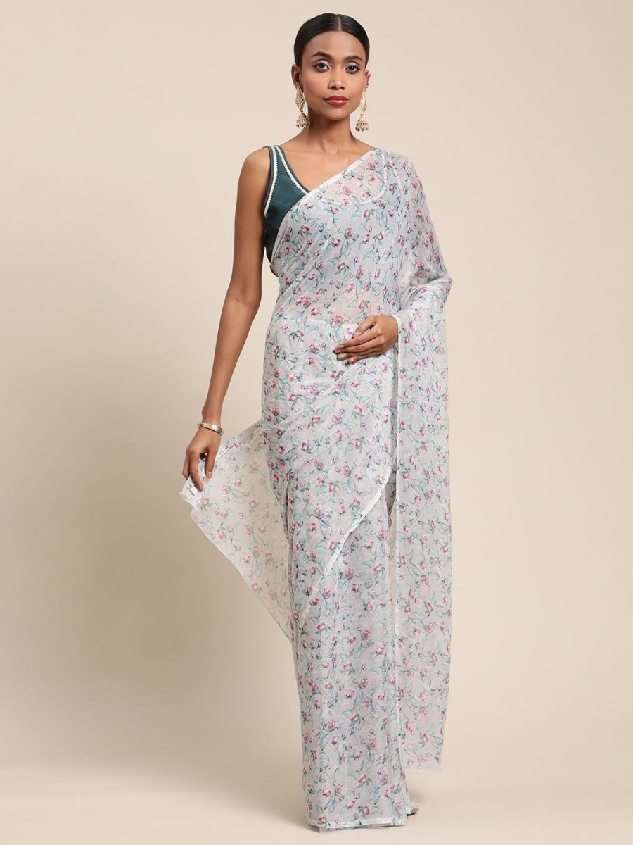 Ahalyaa Women's Grey Chiffon Digital Print Floral Saree | Grocsy