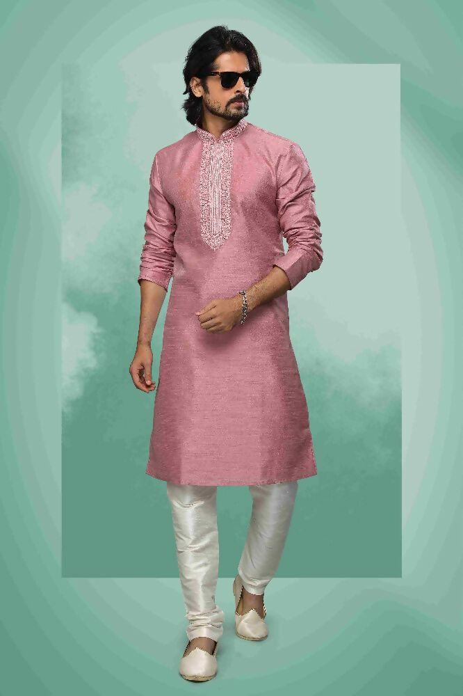 Raivat Ethnic Art Silk Mirror Embroidery Work Kurta Pajama In Pink Colour | Grocsy