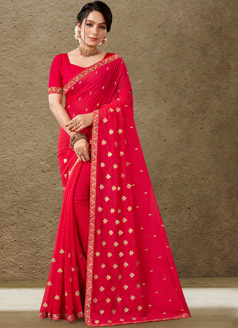 Red Georgette Embroidered Saree with Unstitched Blouse Piece - Avika | Grocsy