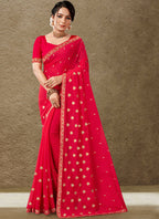 Red Georgette Embroidered Saree with Unstitched Blouse Piece - Avika | Grocsy