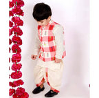 Little Bansi Boys Cream Color Floral Check Jacket with Kurta and Dhoti | Grocsy