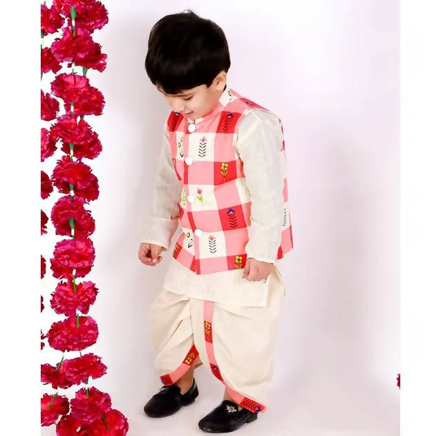 Little Bansi Boys Cream Color Floral Check Jacket with Kurta and Dhoti | Grocsy