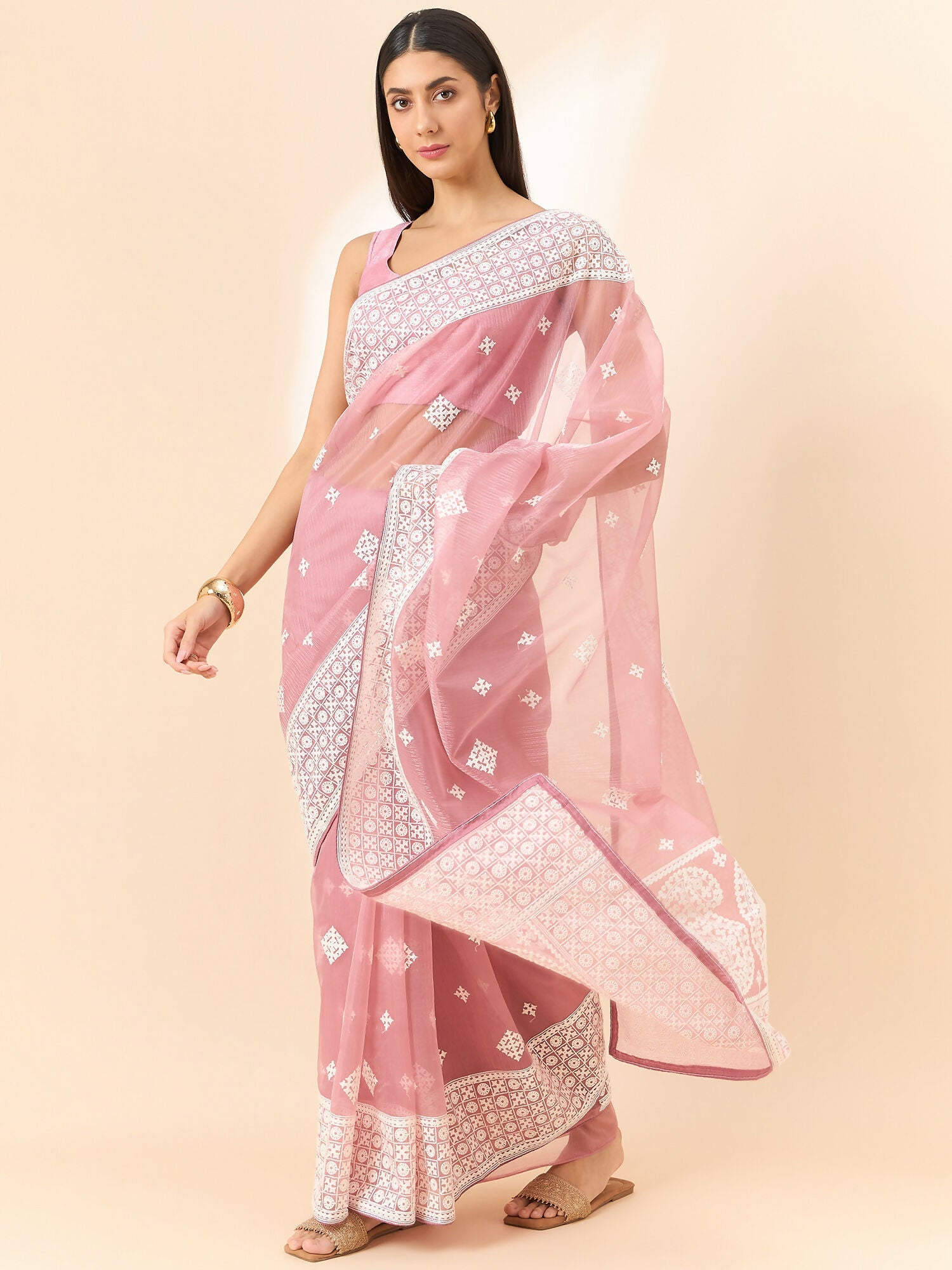 Pink Organza Geometric Embroidered Saree with Unstitched Blouse Piece - Roozal | Grocsy