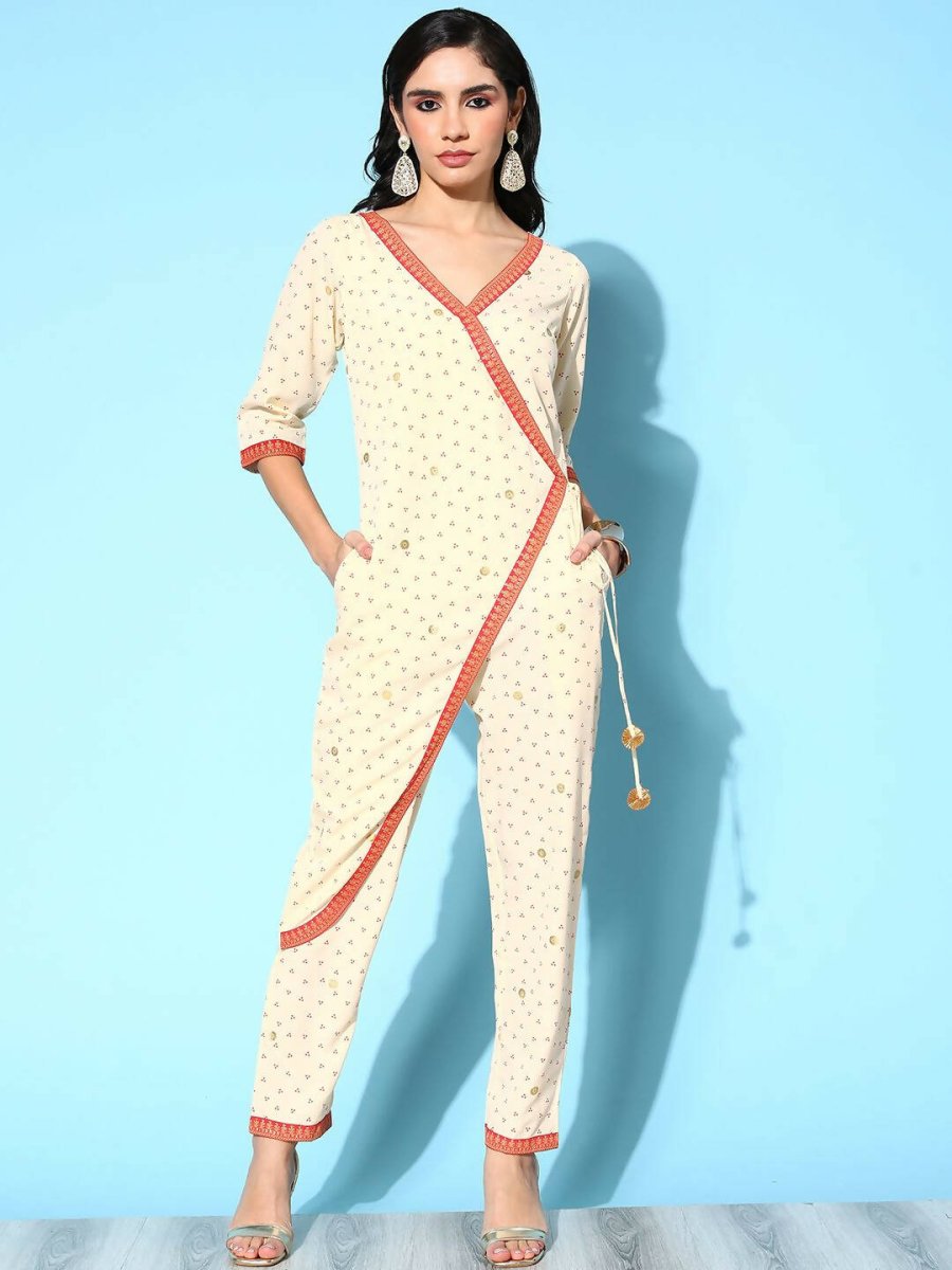 Ahalyaa Womens Offwhite Crepe Printed Jumpsuit | Grocsy