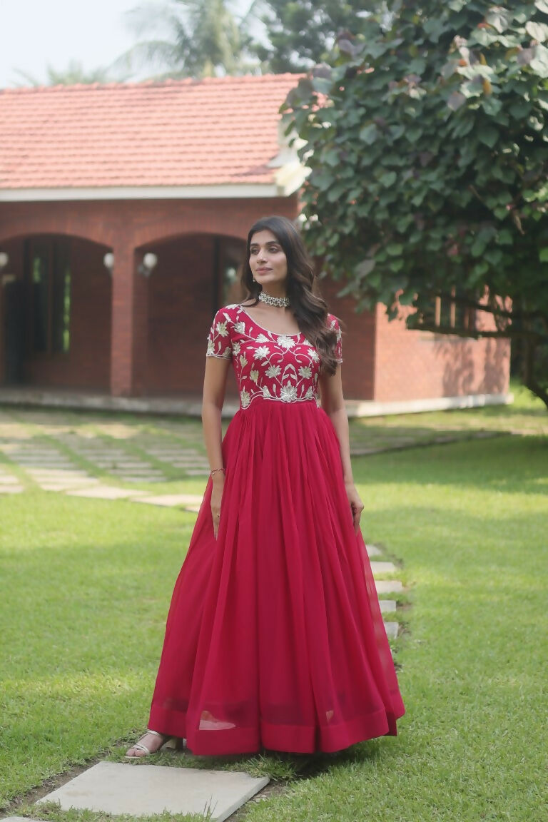 Jyoti Fashion Women's Rani Pink Sequins Embroidered Faux Georgette Anarkali Dress | Grocsy