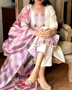 The52 Off White Women's Gorgeous Embroidered Viscose Chanderi Fabric Straight Kurta Pant with Dupatta Set | Grocsy