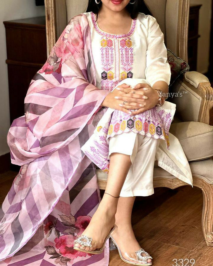 The52 Off White Women's Gorgeous Embroidered Viscose Chanderi Fabric Straight Kurta Pant with Dupatta Set | Grocsy