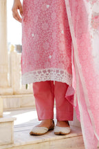 Vaasva Women Candy Pink Linen Printed Kurta, Pant & Dupatta set | Grocsy