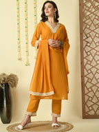 Myshka Women's Mustard Georgette Kurta & Trousers With Dupatta Party Sets | Grocsy