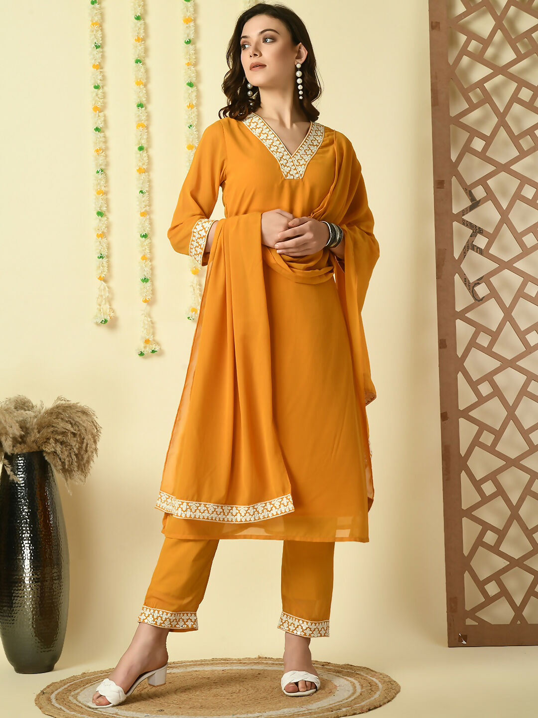 Myshka Women's Mustard Georgette Kurta & Trousers With Dupatta Party Sets | Grocsy