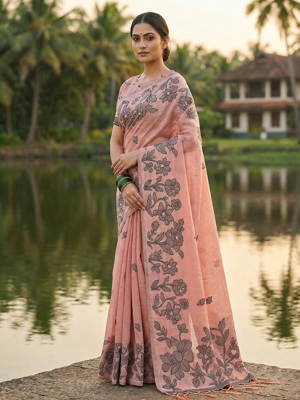 Shree Shyam Fashion Peach Linen Cotton Saree | Grocsy