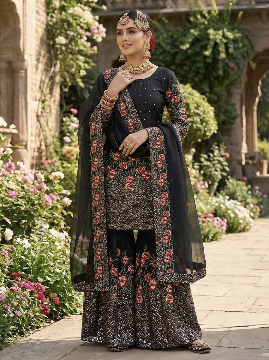 Teeya Creation Black Fendy Silk Heavy Embroidery Work Party Wear Sharara Suit | Grocsy