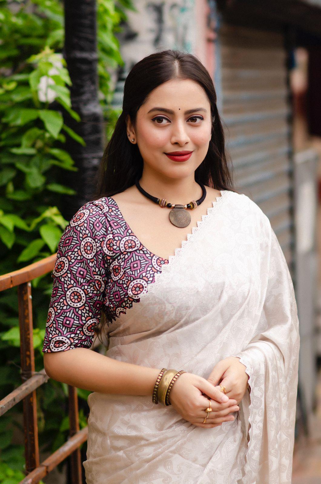 Grey Poly Silk Ethnic Motifs Saree with Unstitched Blouse - A2M | Grocsy