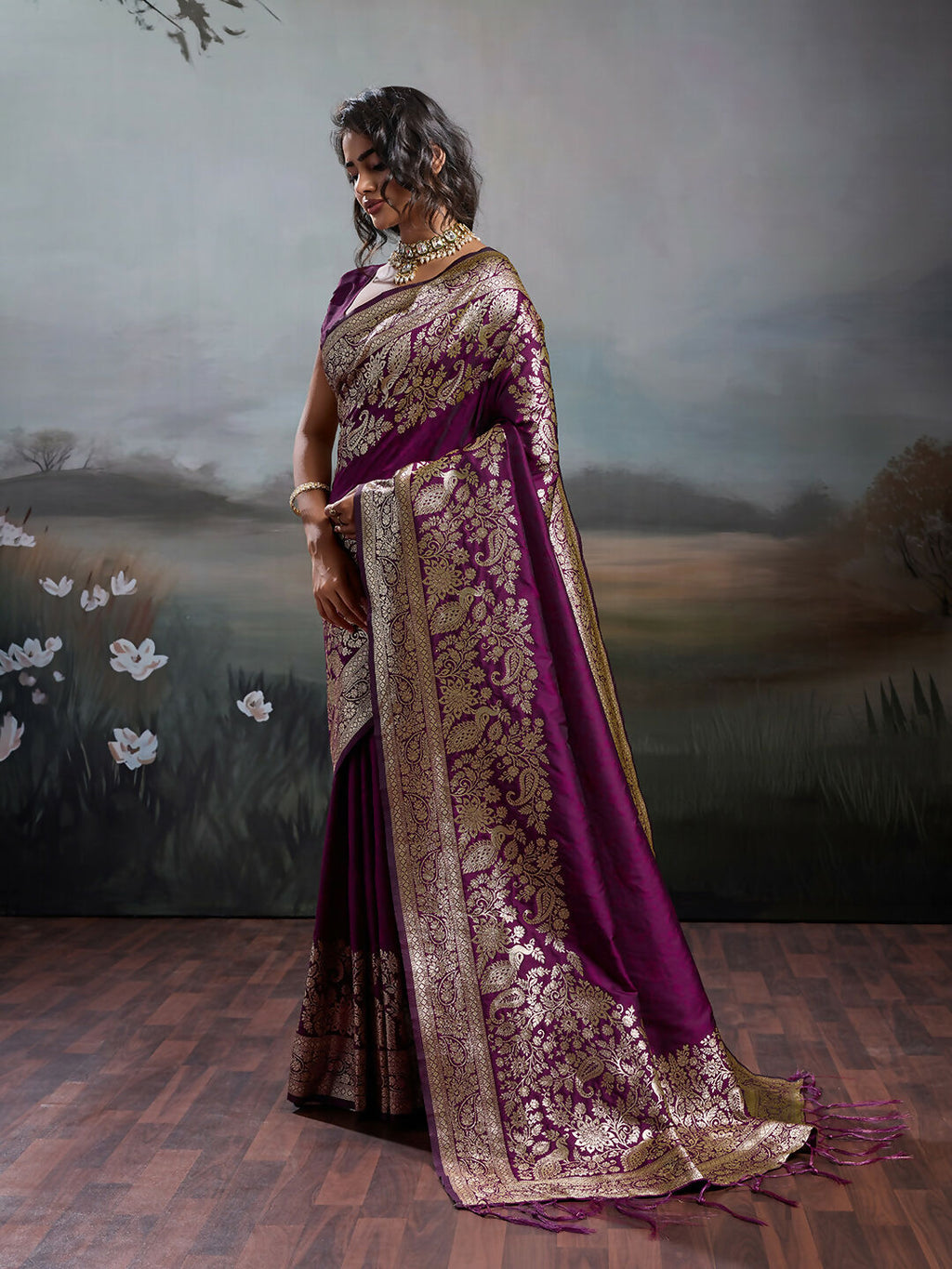 Shree Shyam Fashion Wine Silk Blend Saree | Grocsy