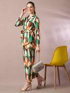 Myshka Women's Multi Printed Polo Collar Party Top With Trousers Co-ord set | Grocsy