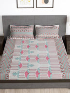 Story@home Grey & Pink Ethnic Motifs 180 TC Bedsheet with Pillow Cover | Grocsy