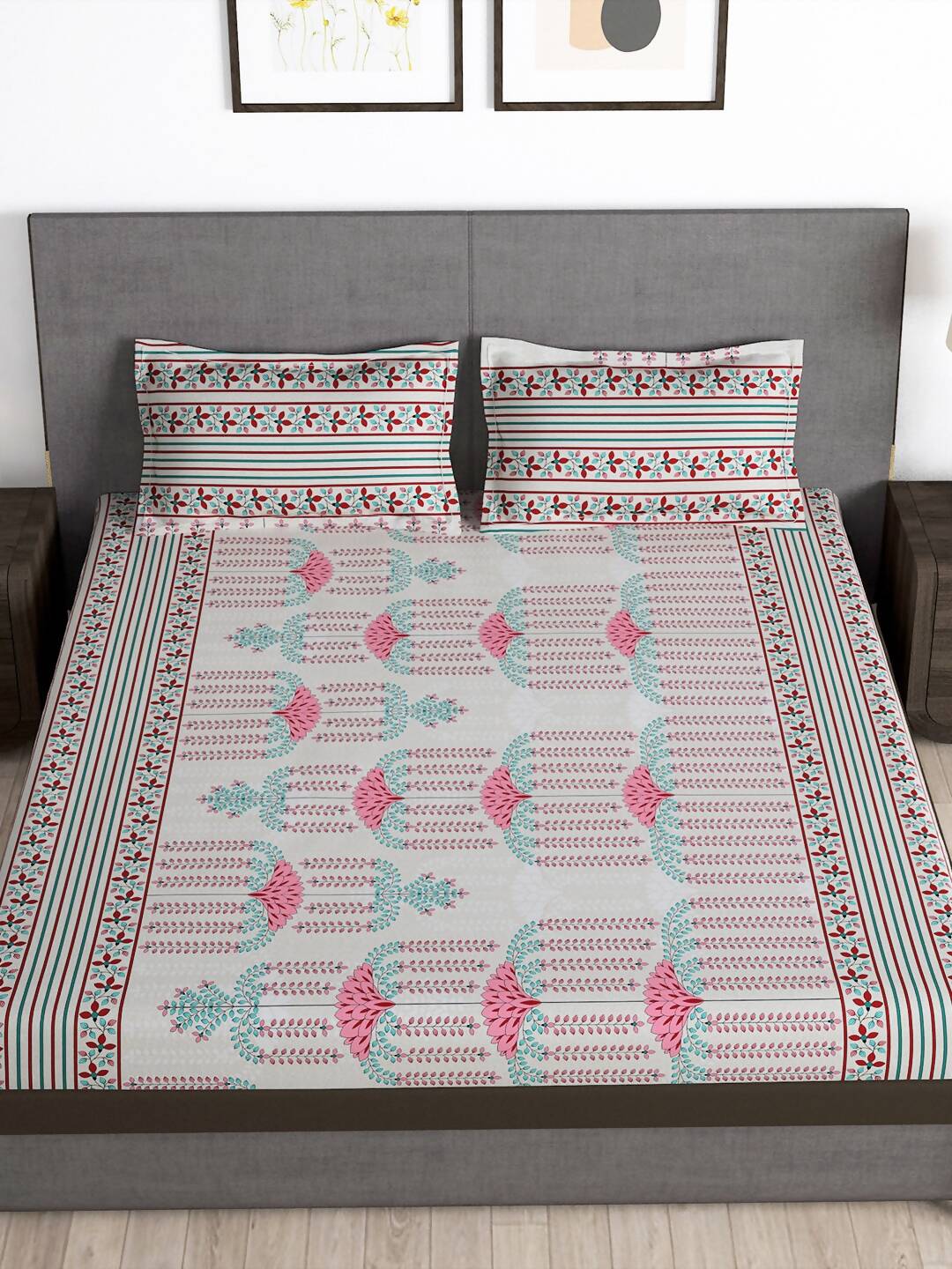 Story@home Grey & Pink Ethnic Motifs 180 TC Bedsheet with Pillow Cover | Grocsy