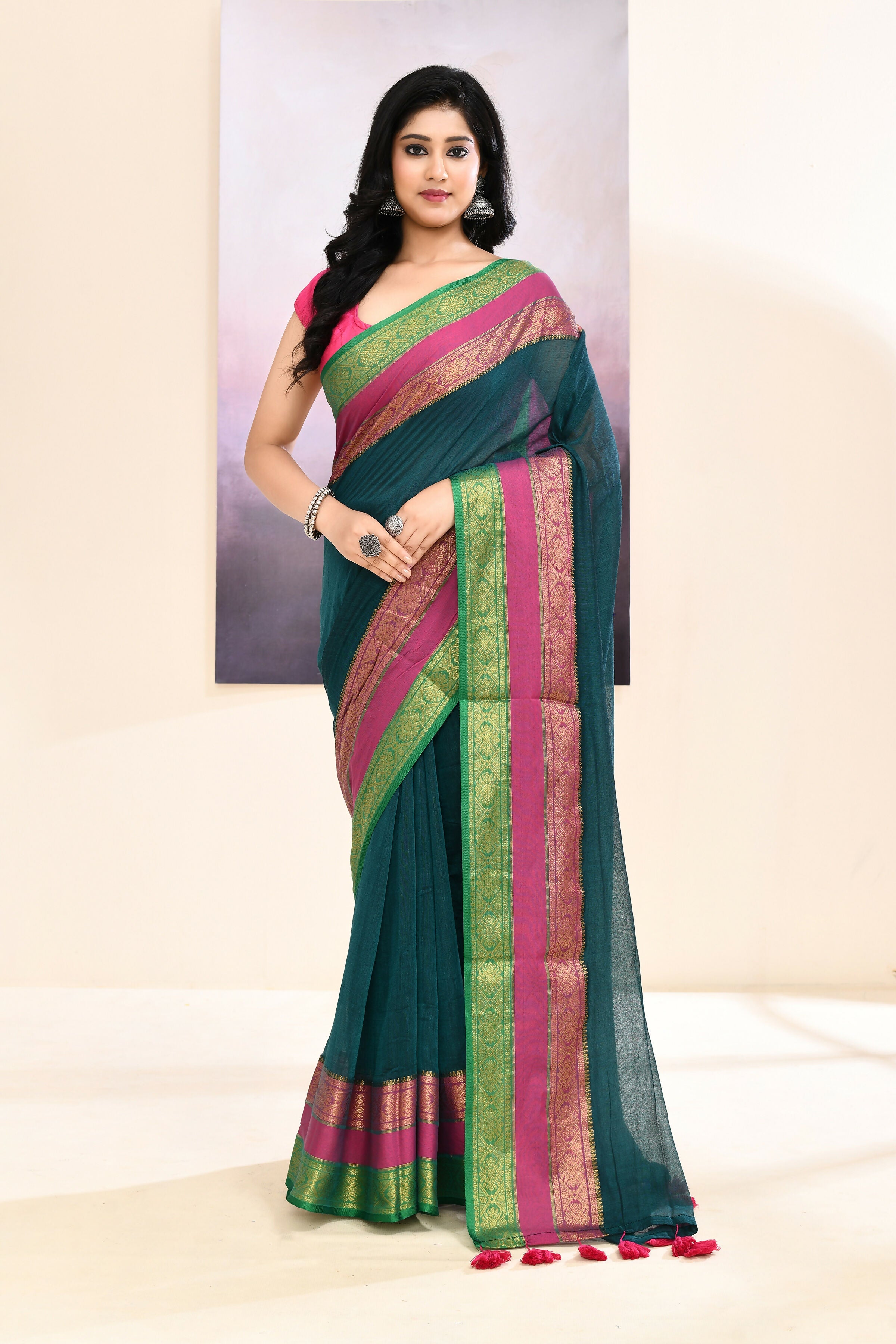 Piyari Fashion Women's Teal Embellished Zari Border Cotton Saree | Grocsy
