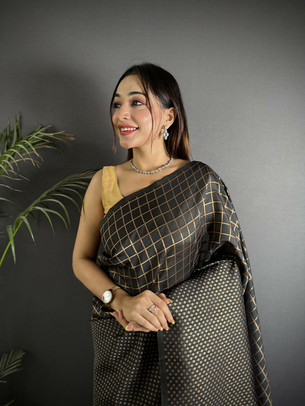 Joban Fashion Black Banarasi Soft Lichi Silk Checks & Woven Saree | Grocsy