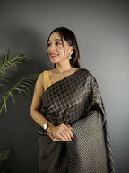 Joban Fashion Black Banarasi Soft Lichi Silk Checks & Woven Saree | Grocsy