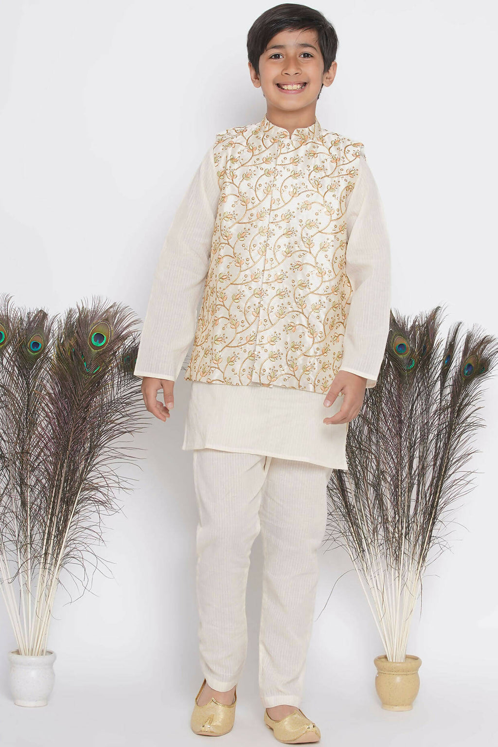 Little Bansi Banarsi Silk Floral Embroidery Jacket with Cotton Kantha kurta and Kantha Pyjama - Cream | Grocsy