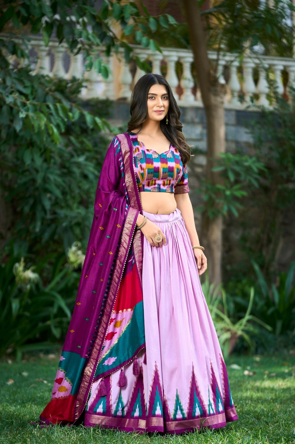 Vastranavya Printed and Foil Work Tussar Silk Lehenga with Unstitched Blouse - Lavender | Grocsy