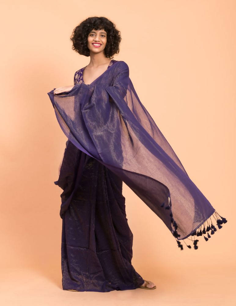 Suta Purple Woven Zari Striped Pure Handloom Cotton Saree | Grocsy
