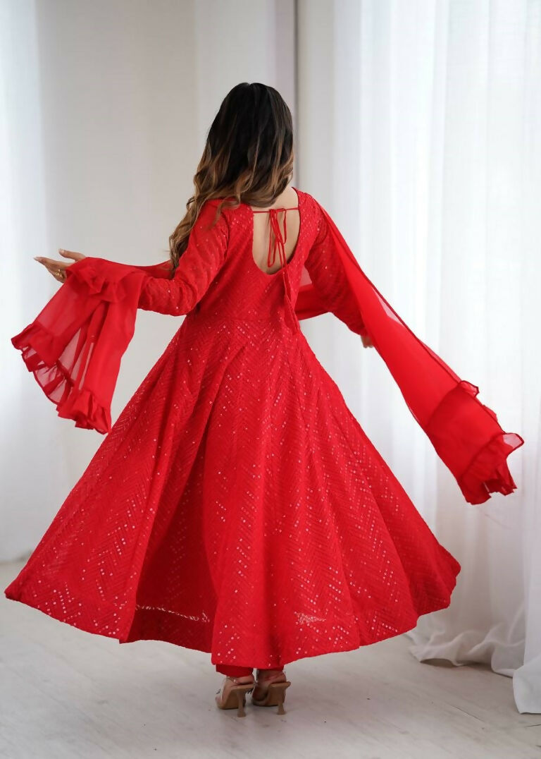 Teeya Creation Red Color Heavy Embroidery Work Georgette Fabric Wedding Wear Gown | Grocsy