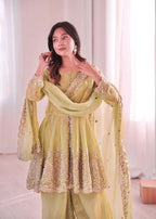 Teeya Creation Pista Color Fendy Satin Silk Embroidery Work Party Wear Salwar Suit | Grocsy