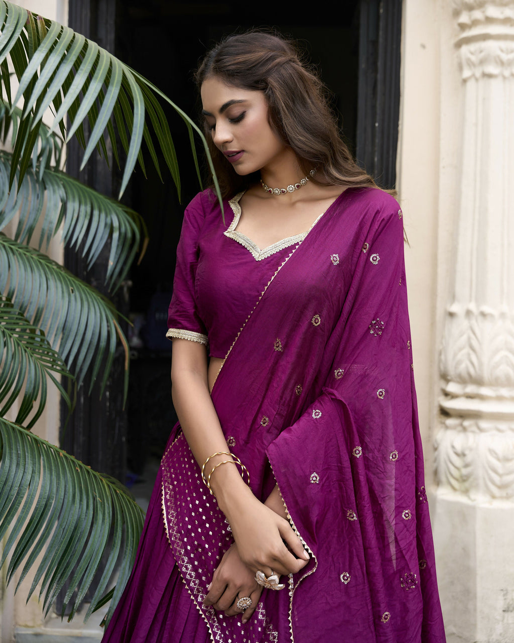 Lorenvalley Wine Pure Chanderi Plain With Zari Weaving Work Border Lehenga Choli | Grocsy