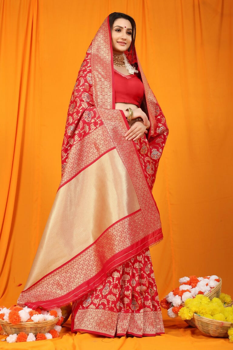 Jyoti Fashion Women's Maroon Kanjivaram Silk Zari Woven Saree with Blouse | Grocsy
