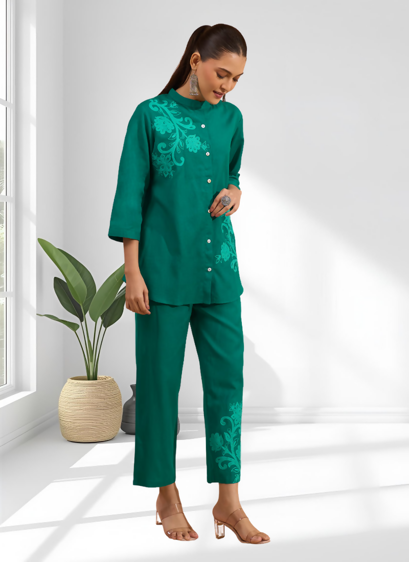 Joban Fashion Green Cotton, Linen Embroidered Readymade Cord Set | Grocsy