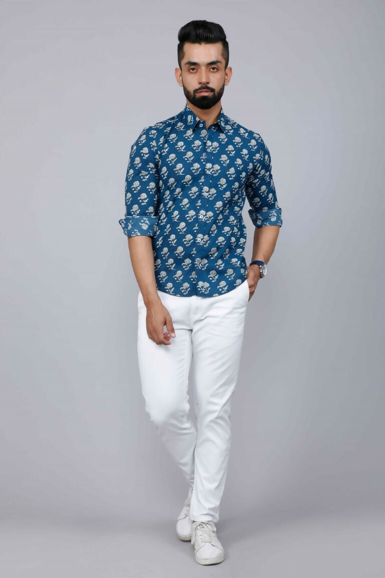 Miravan Men's Blue Spread Collar Floral Print Casual Shirt | Grocsy