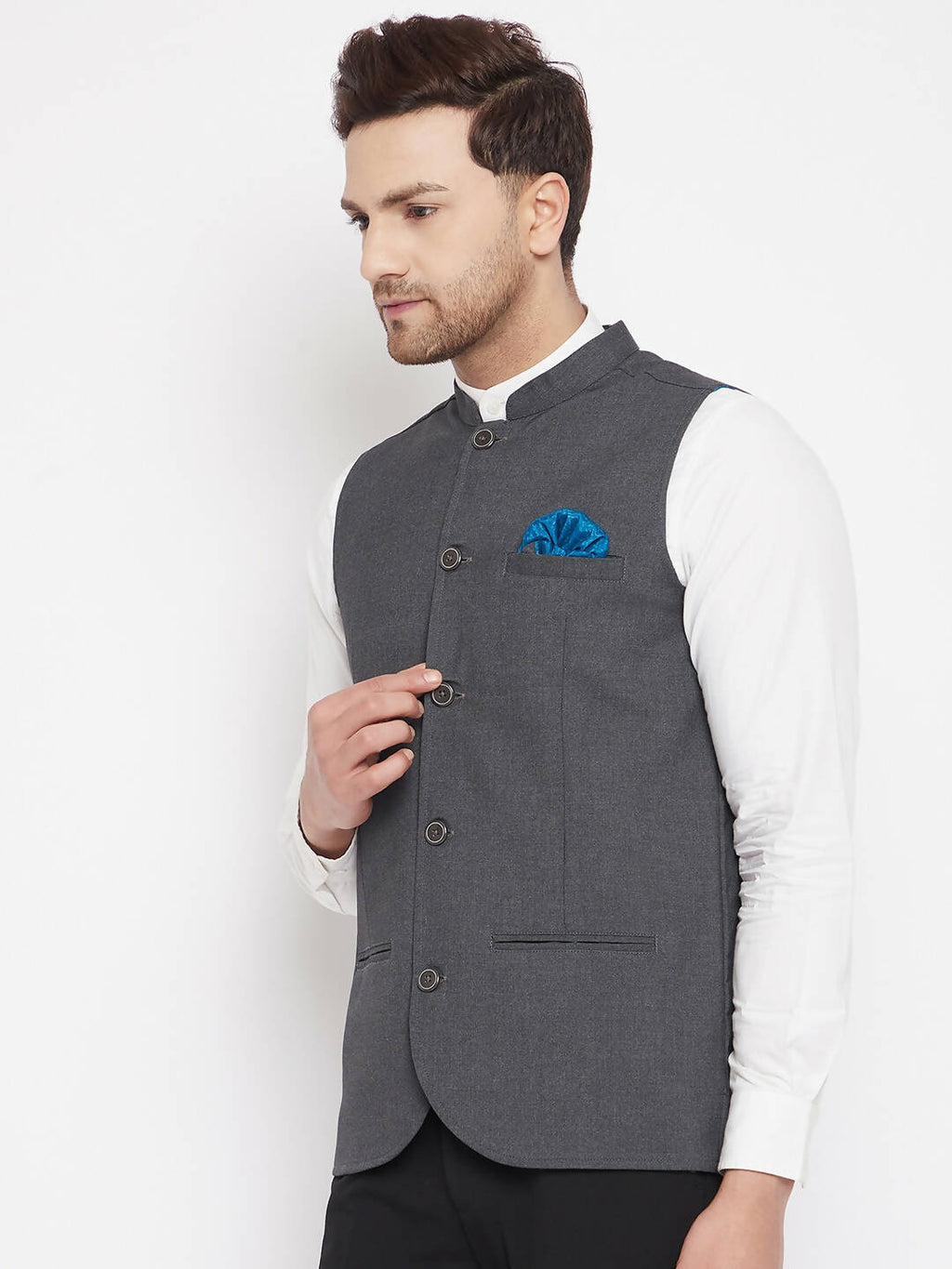 Even Apparels Men's Grey Merino Nehru Jacket-Contrast Lining-Free Pocket Square | Grocsy