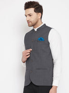 Even Apparels Men's Grey Merino Nehru Jacket-Contrast Lining-Free Pocket Square | Grocsy