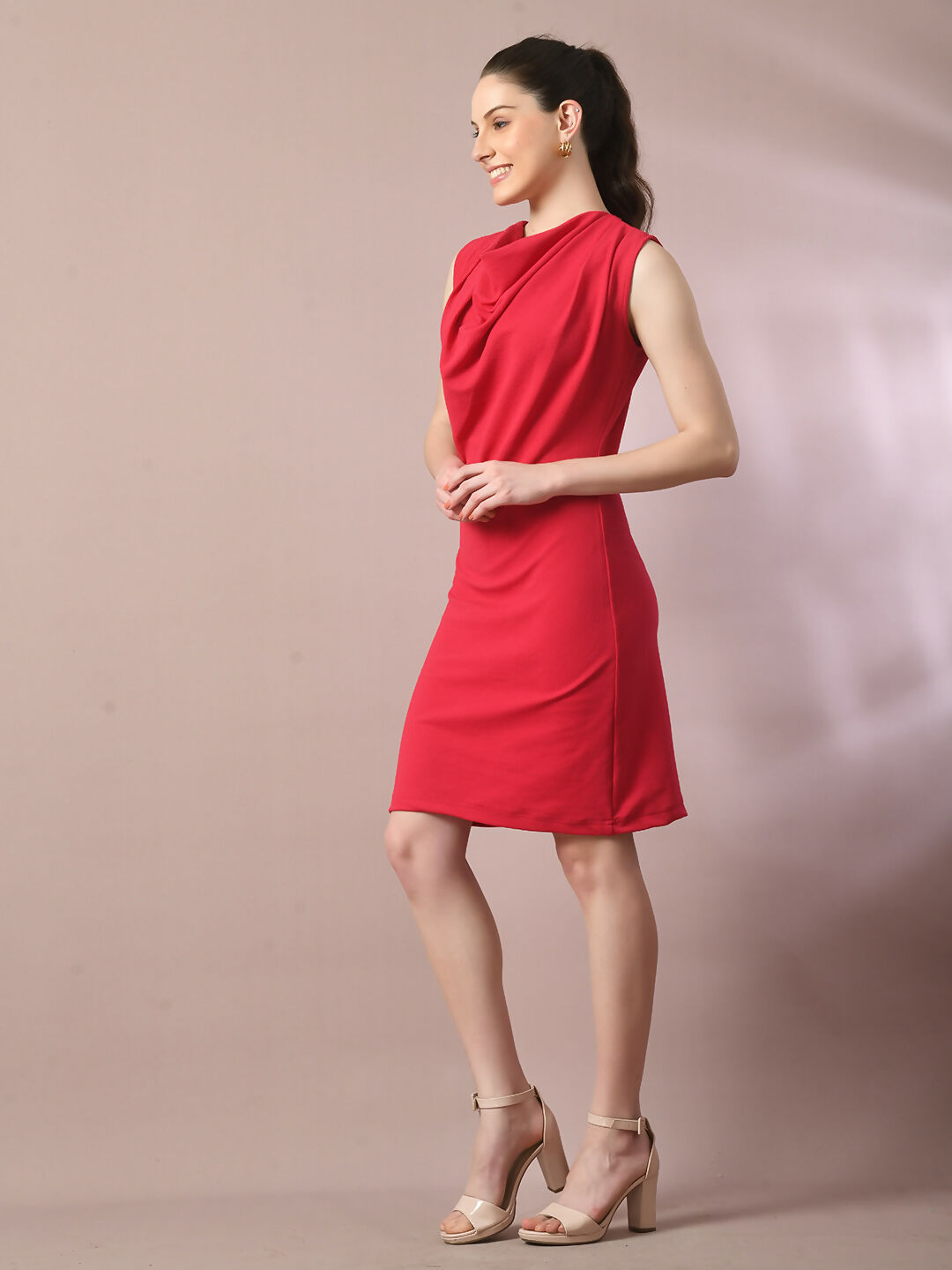 Myshka Women's Pink Solid Cowl Neck Bodycon Party Dress | Grocsy