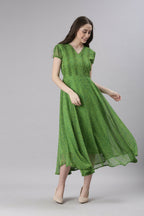 Souchii Green Printed Midi Dress – Flowy Fit & Flare | Grocsy