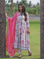 The52 Women's Beautiful Rayon Fabric Printed Work Flared Kurta Pant and Dupatta Set | Grocsy