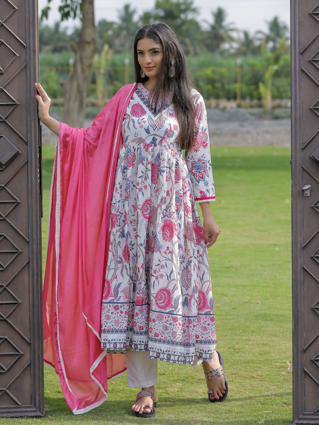 The52 Women's Beautiful Rayon Fabric Printed Work Flared Kurta Pant and Dupatta Set | Grocsy