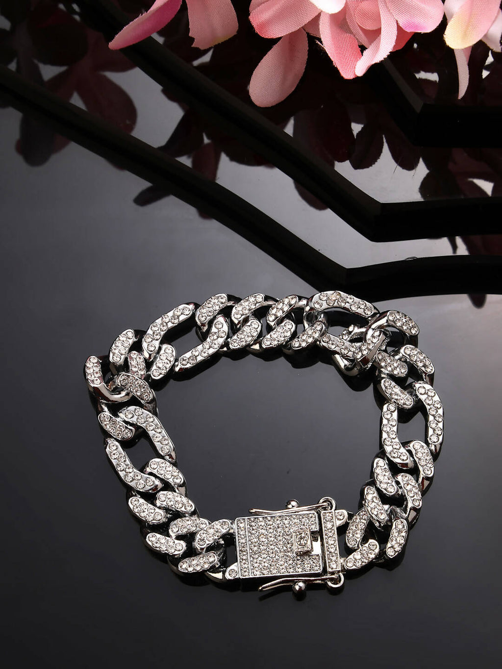 NVR Men Silver-Plated Stainless Steel American Diamond Studded Link Bracelet | Grocsy