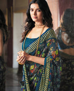 Blue Georgette Brasso Floral Printed Saree With Unstitched Blouse Piece - Zyanya | Grocsy