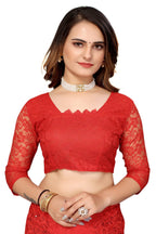 Vamika Ethnic Fire Red Pearls Net Saree | Grocsy