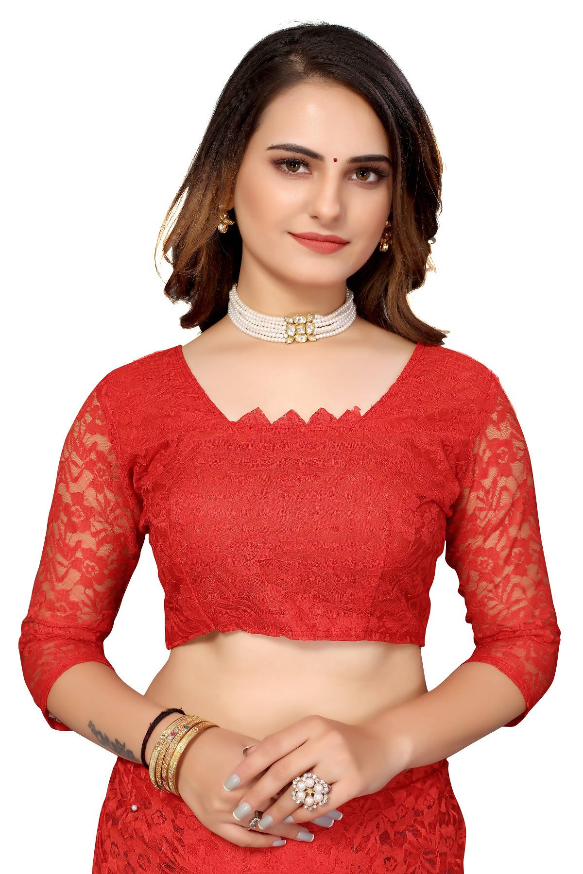 Vamika Ethnic Fire Red Pearls Net Saree | Grocsy