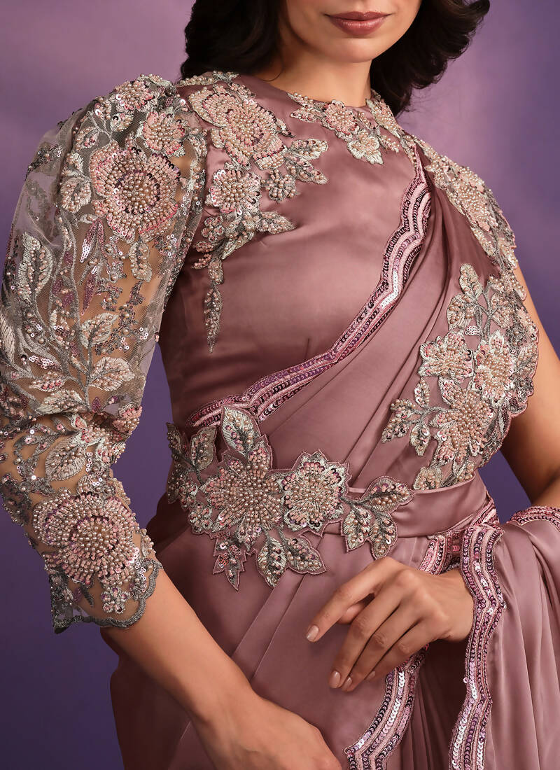 Pyaji Crepe Satin Silk Embroidered Saree With Stitched Blouse - Mohmanthan Exotica | Grocsy