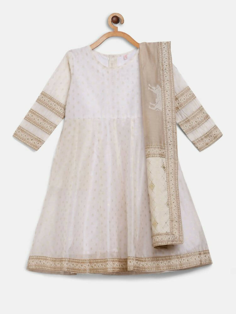 Ahalyaa Off White Chanderi Anarkali Kids Kurta With Dupatta For Girls | Grocsy
