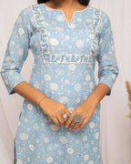 FIORRA Women's Floral Printed Sky Blue Cotton Straight Kurta | Grocsy