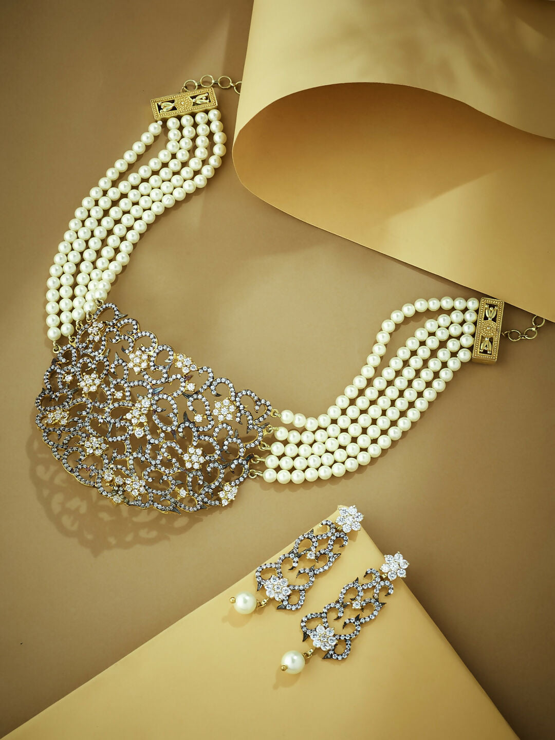 Nuyug 22K Gold-Plated Cubic Zirconia Studded & Pearl Beaded Necklace Set | Grocsy